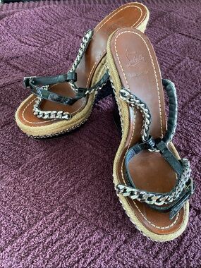 Christian Louboutin Black Patent Leather Espadrille Wedge Sandals
